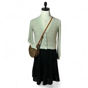 Sequin Cardigan Skirt Beige Sparkly Shimmery Top Outfit with Calvin Klein Skirt